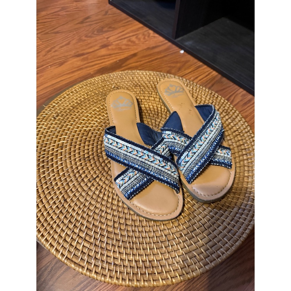 Fergalicious by Fergie Starlit Beaded Sequin Crisscross Slide Sandals Blue 6.5M - Picture 7 of 12